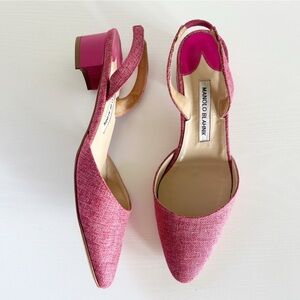 Manolo Blahnik Aspro Pink Canvas Tweed Slingback Block Heels Size EU 37